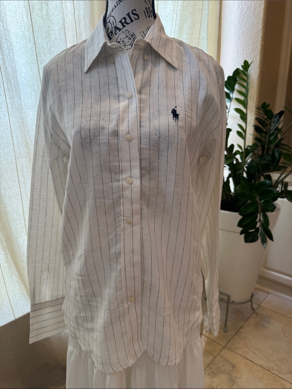 Ralph Lauren White Shirt with Navy Pinstripes and Polo Logo